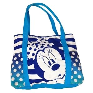 Disney Minnie Mouse Striped‎ with Polka Dots Beach Bag Blue and White Gir…